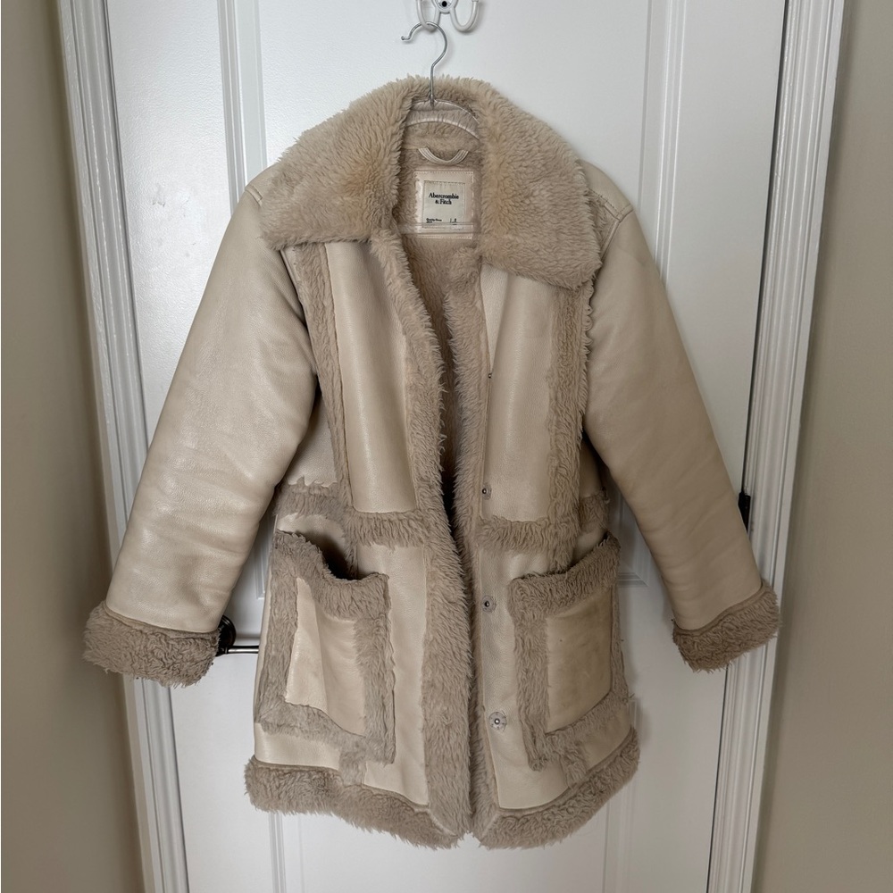 White Cream Vegan Leather Shearling Lined Coat